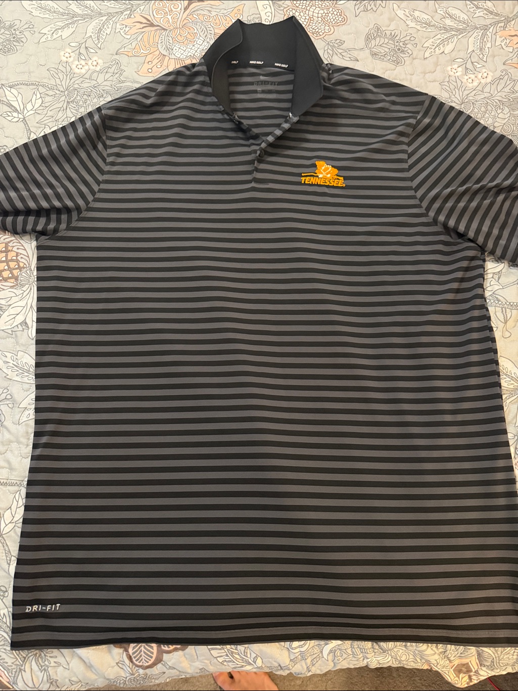 Nike Black And Gray Striped Dri-Fit Polo With Orange Tennessee Logo